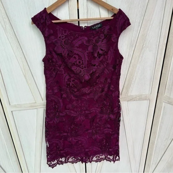 💋LAUREN RALPH LAUREN NEW Women's fuchsia Purple Lace Sleeveless Sheath Dress 12 - Picture 2 of 10